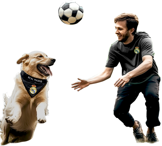 An image of the dog and it's owner playing football.